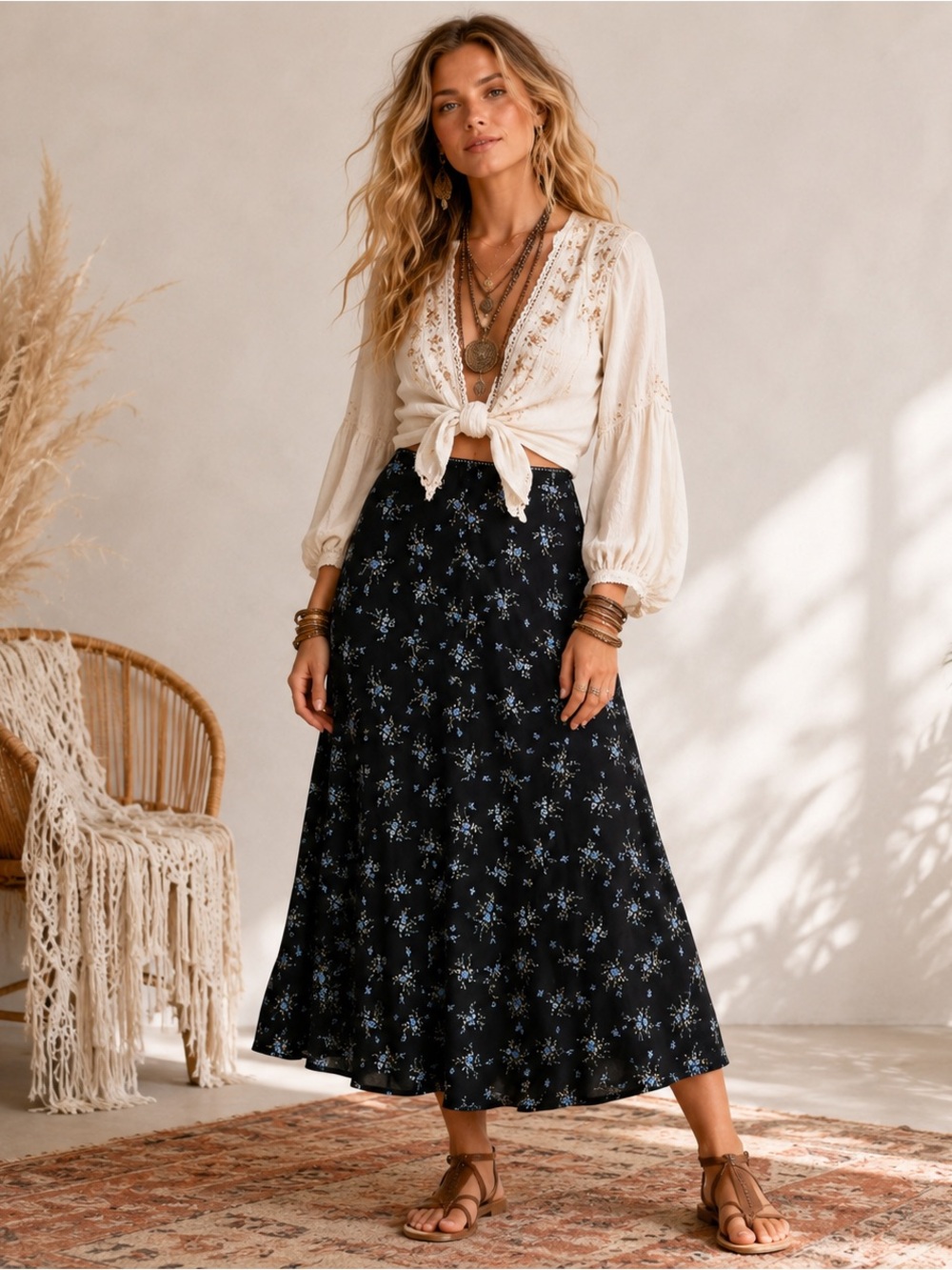 NWT Wild Fable Black Blue Floral Midi Skirt M Elastic Waist Boho Cottagecore